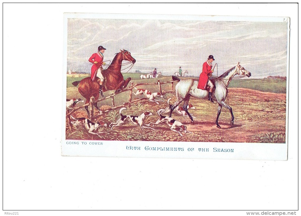 Illustration Chasse à Courre Chasseur Cheval Chien Fouet GOING TO COVER / With Compliments Of The Season THE OWL S.004 - Schönpflug, Fritz