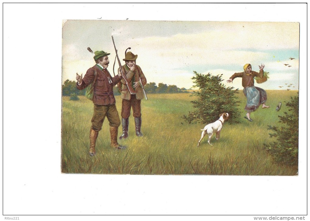 Illustration Chasse Chasseurs  Fusil Chien Femme Paire De Jumelles Oiseau -  1904 - K.F. Edit. Serie 739 - Schoenpflug, Fritz