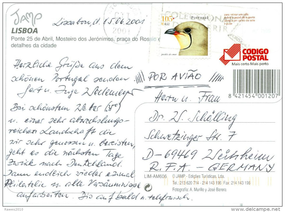 Portugal 0,52 € Vogel Codigo Postal Postkarte TGST Lissabon 2001 Postkarte Nach Deutschland - Cartas & Documentos