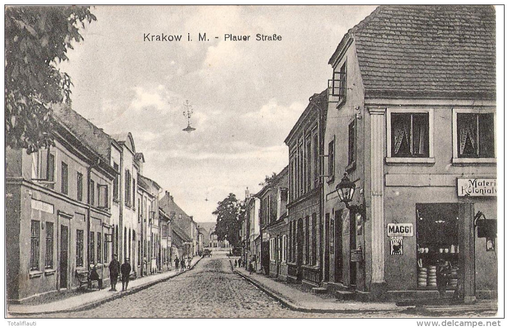 Krakow Am See Plauer Straße Belebt Emaille Werbeschild MAGGI DAPOL Emailschild Kolonialwaren Feldpost 23.10.1918 - Krakau