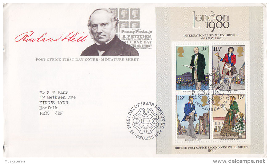 Great Britain Ersttag Brief FDC Cover 1979 Rowland Hill Anniversary Block 2 Miniature Sheet - 1971-1980 Dezimalausgaben