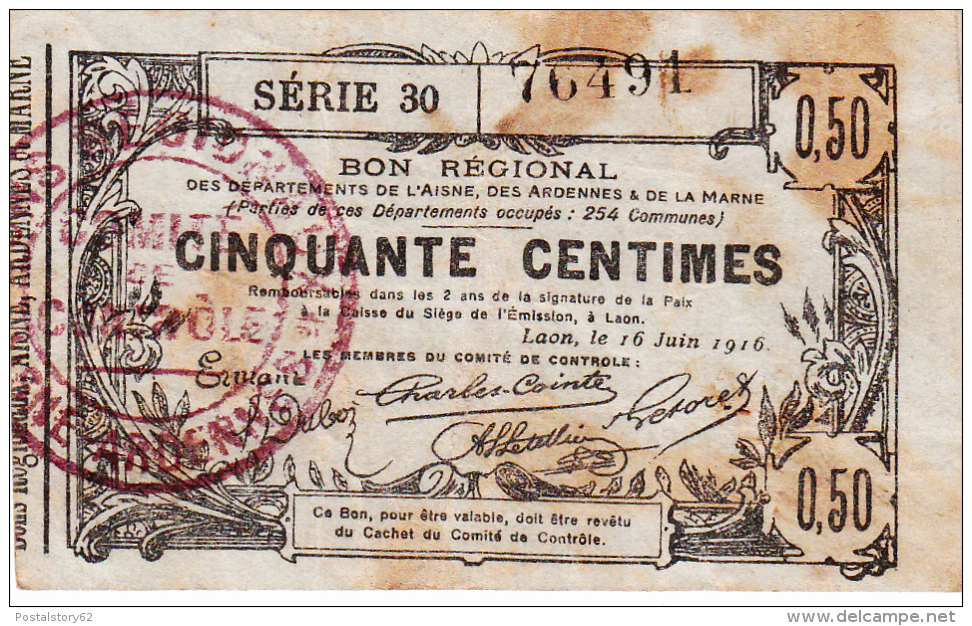 Billet Cinquante Centimes, Bon Règional De L´Aisne, Des Ardennes Et De La Marne 1916 - Bons & Nécessité