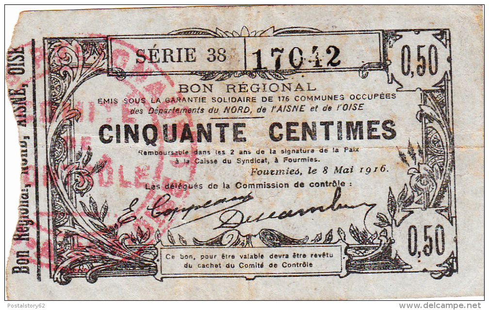 Billet Cinquante Centimes, Bon Règional De Departements Du Nord, De L´Aisne Et De L´Oise 1916 - Bons & Nécessité