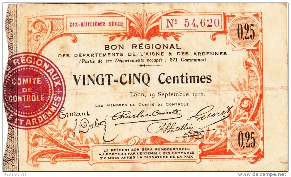 Billet 25 Centimes, Bon Règional De Departements De L´Aisne Et Des Ardennes 1915 - Bons & Nécessité