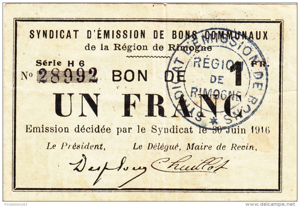 Syndicat D' èmission De Bons Communaux, Bon De 1 Franc 1916 - Bons & Nécessité