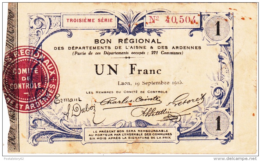 Bonne Règional , Aisne  Et Des Ardennes 1 Franc 1915 - Bons & Nécessité