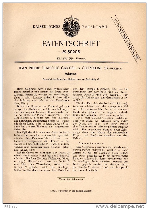 Original Patentschrift -J. P. Francois Cartier Dans Chevaline , 1884 , Presse à Huile , Faverges !!! - Faverges