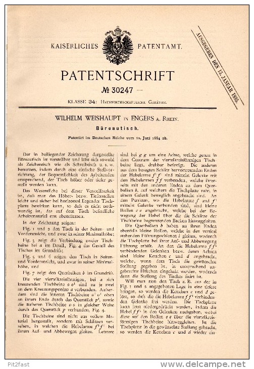 Original Patentschrift - Wilhelm Weishaupt In Engers B. Neuwied , 1884 , Bürotisch , Tisch , Möbel !!! - Sonstige & Ohne Zuordnung