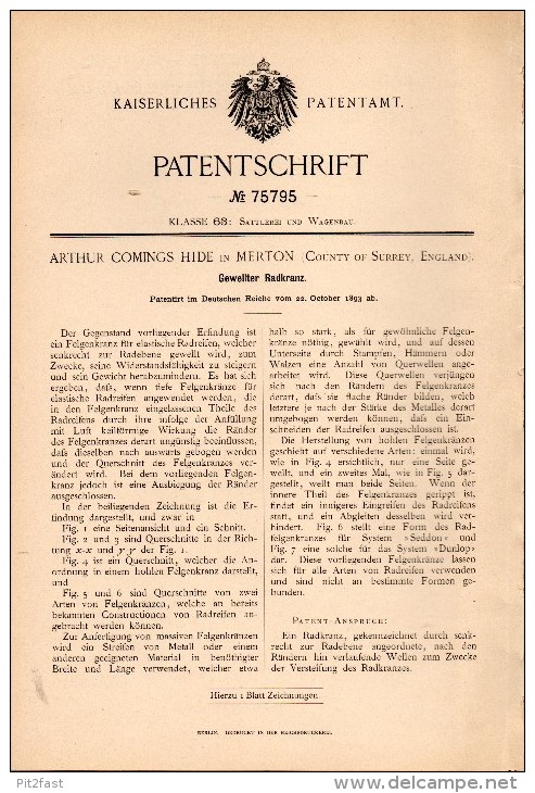 Original Patentschrift -A. Hide In Merton , Surrey , 1893 , Corrugated Rim, Carriages Construction !!! - Historische Dokumente