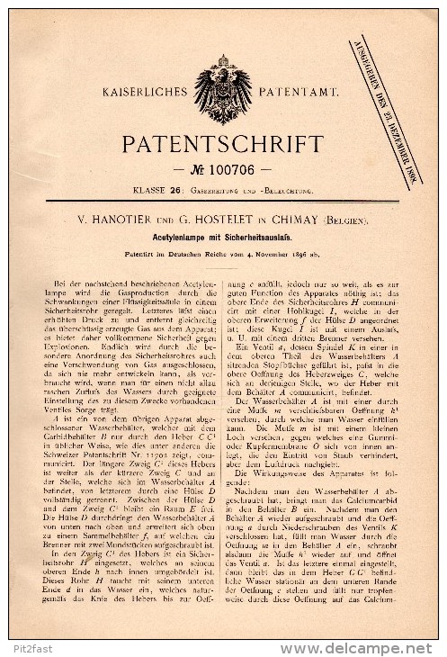 Original Patentschrift - V. Hanotier Und G. Hostelet In Chimay , 1896 , Acetylen - Lampe . Gaslampe !!! - Luminaires & Lustres