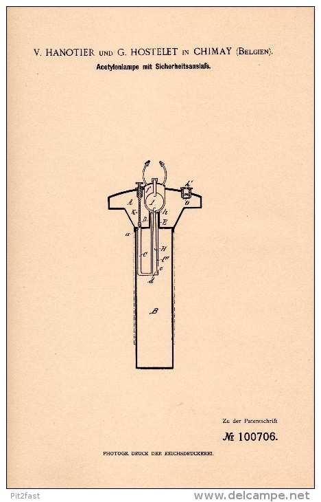 Original Patentschrift - V. Hanotier Und G. Hostelet In Chimay , 1896 , Acetylen - Lampe . Gaslampe !!! - Leuchten & Kronleuchter