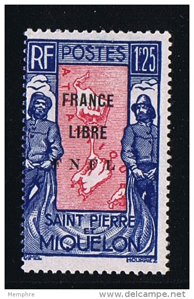 Carte Des îles  1,25Fr  Surchargé «FRANCE LIBRE / F.N.F.L. »  Yv 287 * Signé Calves - Ungebraucht