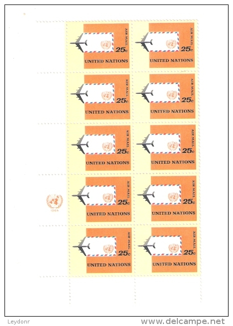 United Nations - Jet Plane And Envelope Airmail Stamp - Scott - C12 / Block Of 10 Stamps Mint Never Hinged - Unused Stamps