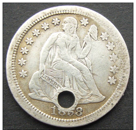 1858, USA, SEATED LIBERTY DIME, 10 CENTS COIN  SILVER -  **SEE PHOTOS** WITH HOLE - 1837-1891: Seated Liberty