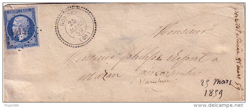 VAUCLUSE - GORDES  T22 DU 25-3-1859 - N°14 EMPIRE OBLITERATION PC1414 SUR PETITE ENVELOPPE - INDICE 12 COTE 100€. - 1849-1876: Période Classique