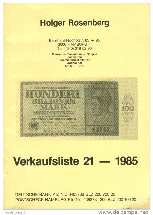 Verkaufsliste Nr. 21 1985 Holger Rosenberg Münzen Banknoten Deutschland Hamburg Numismatik Note Geldschein Coin - Literatur & Software