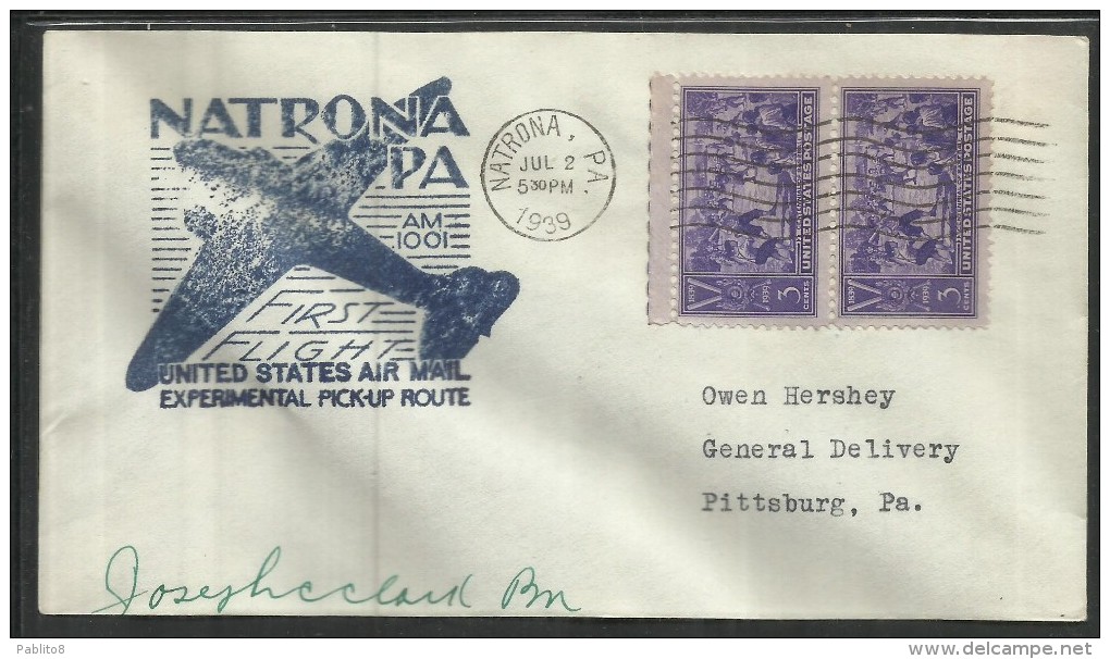UNITED STATES STATI USA 2 JUN 1939 AIR MAIL AM 1001 EXPERIMENTAL PICK-UP ROUTE NATRONA PA FIRST FLIGHT FDC COVER - 1851-1940
