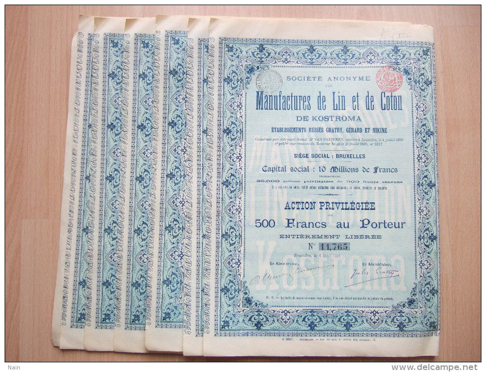 RUSSIE - " KOSTROMA " (  6 TITRES  )  - MANUFACTURES DE LIN ET DE COTON DE KOSTROMA - 1899 - ACTION PRIVILEGIE DE 500 FR - Russia