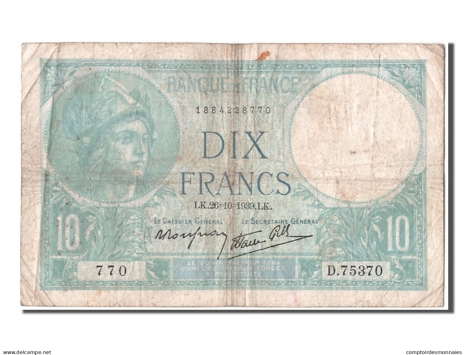 Billet, France, 10 Francs, 10 F 1916-1942 ''Minerve'', 1939, 1939-10-26, TB - 10 F 1916-1942 ''Minerve''