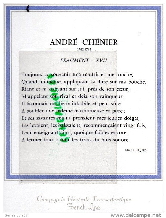 MENU PAQUEBOT FRANCE- FRENCH LINE- CGT- JEAN MERCIER- CHEF CUISINE PIERRE THEYE-26 MARS 1968 - Menükarten