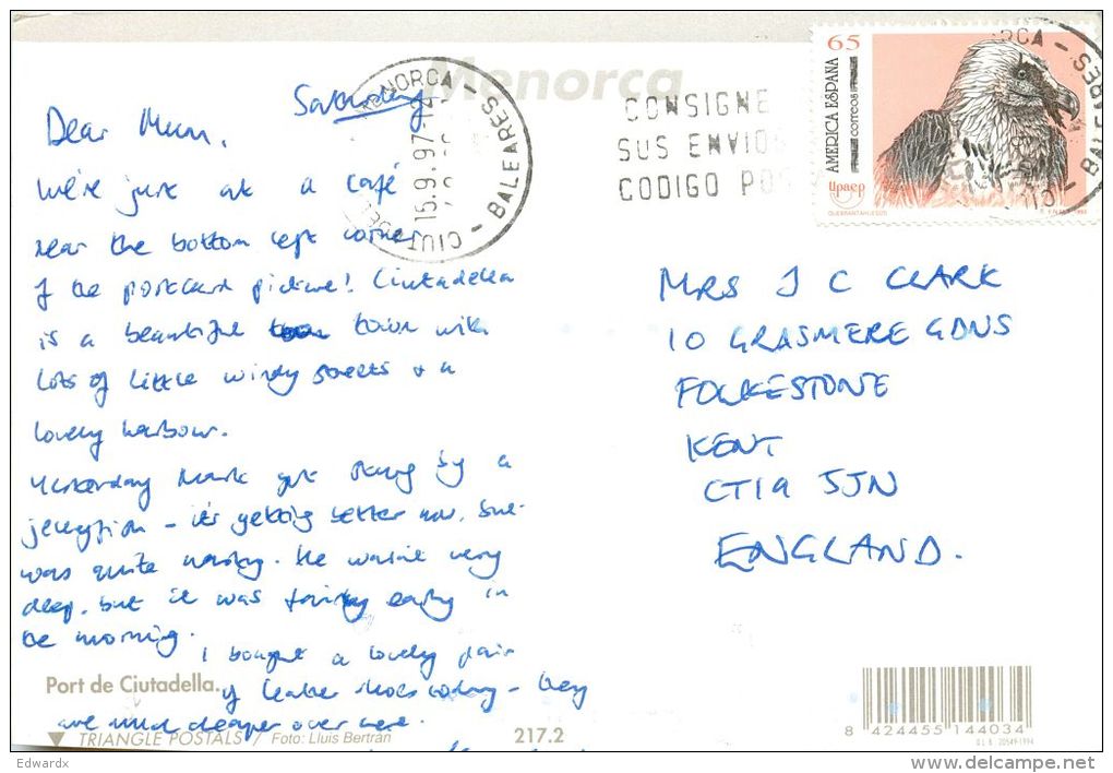 Ciutadella, Menorca, Spain Postcard Used Posted To UK 1997 Nice Stamp - Menorca