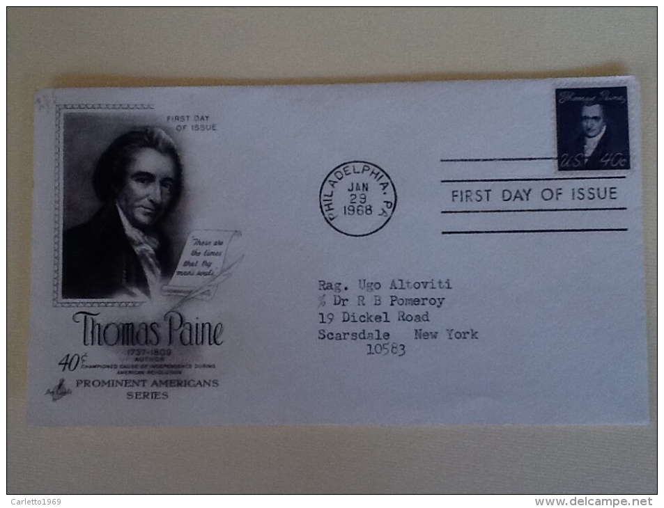 BUSTE PRIMO GIORNO THOMAS PAINE - Storia Postale