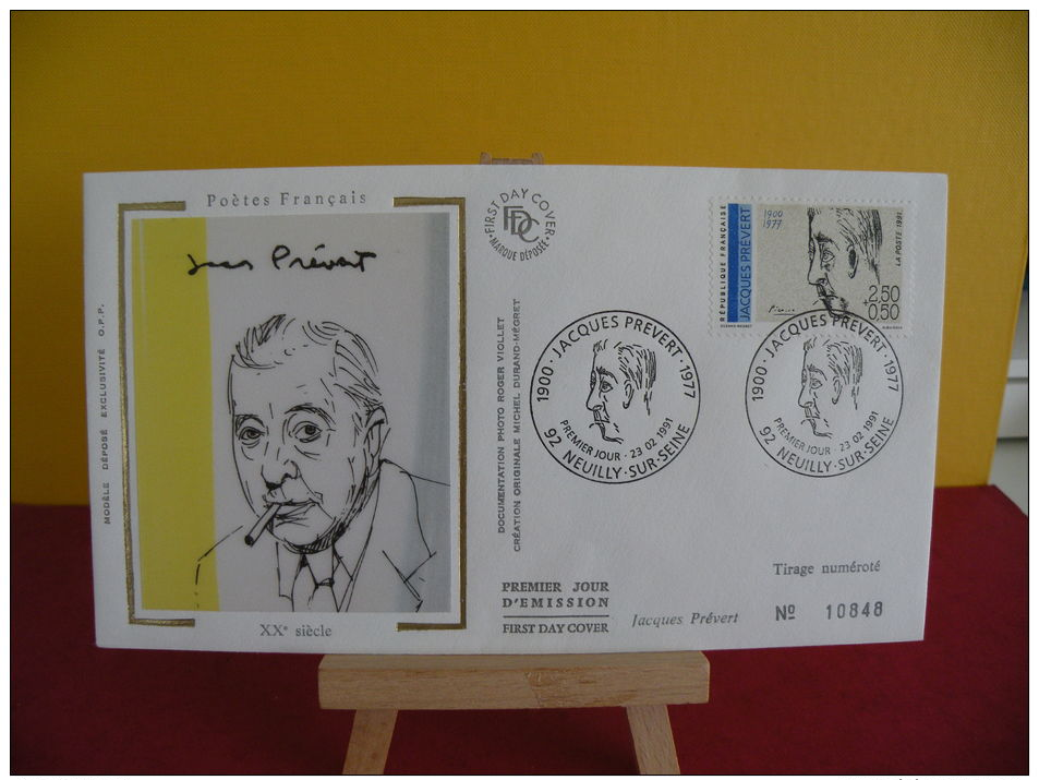 FDC- Poètes Français, Jacques Prévert 1900/1977 - 92 Neuilly Sur Seine - 23.2.1991 - 1er Jour, - 1990-1999