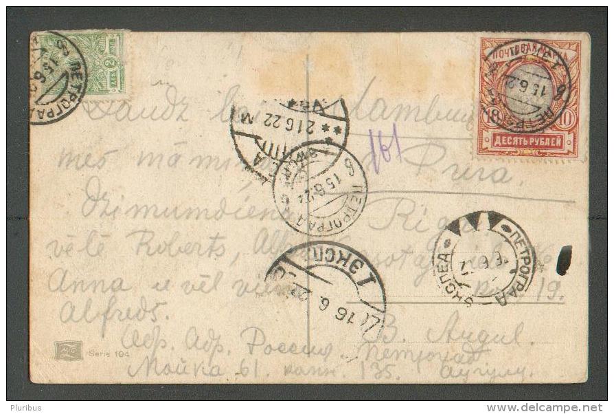 1922 RUSSIA IMPERIAL RE-ISSUED STAMPS ON POSTCARD PETROGRAD TO LATVIA  , OLD POSTCARD, 0 - Otros & Sin Clasificación