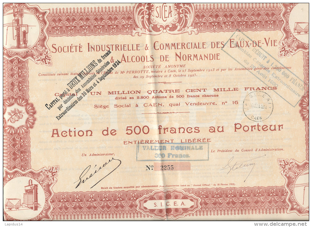 *ACTION DE 500 FRANCS  -SOCIETE INDUSRIELLE COMMERCIALE  DES EAUX DE VIE & Amp;ALCOOLS DE NORMANDIE - Eau