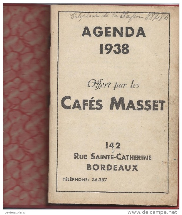 Agenda Des Cafés MASSET/Rue Sainte Catherine / BORDEAUX/ 1938 - Autres & Non Classés