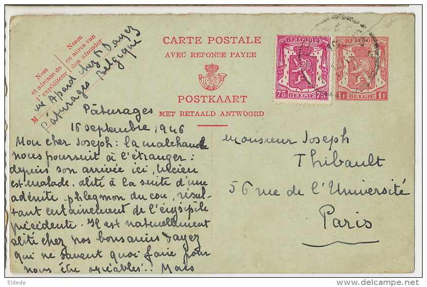 Paturages Colfontaine Entier Postal Postal Stationery 1946 Texte Hondschoote - Colfontaine