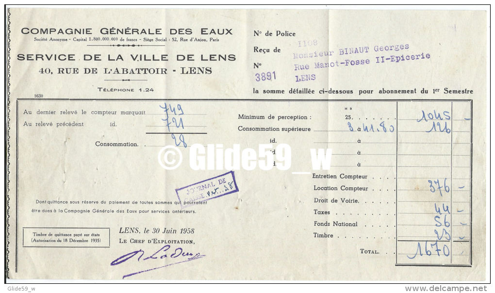 Facture Compagnie Générale Des Eaux - Service De La Ville De Lens à M. Binaut Georges - Epicerie - Lens Le 30 Juin 1958 - 1950 - ...