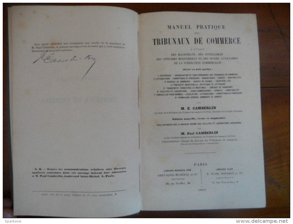 Manuel Pratique Des Tribunaux De Commerce (M.E. Camberlin) édition Marescq Ainé - Plon De 1889 - Rechts