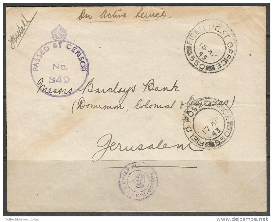 PALESTINE MILITARY Free Mail 1943 Field Post Office 550 Egypt To Jerusalem - British Censor 349 - Brieven En Documenten