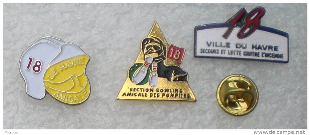 3 PIN'S SAPEURS POMPIERS DU HAVRE & SECTION  AMICALE BOWLING POMPIERS OOO          67 - Bomberos