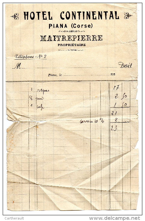 Note De L´Hotel Continental à PIANA - Années 1930 - Sport En Toerisme