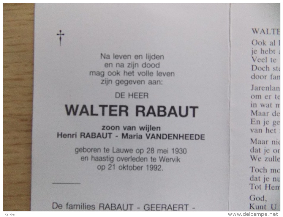 Doodsprentje Walter Rabaut Lauwe 28/5/1930 Wervik 21/10/1992 ( Z.v. Henri En Maria Vandenheede ) - Religión & Esoterismo