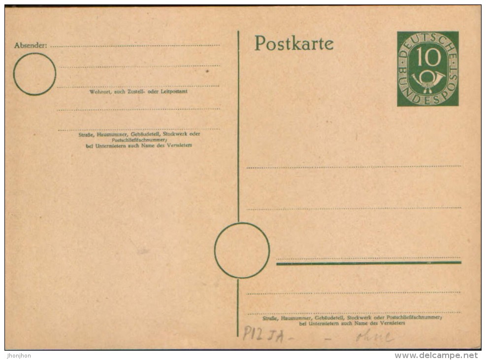 Germany/Republic-Postal Stationery Postcard,unused 1951- P12/II, 10 Pf Grun,ohne Druckvermerk -  2/scans - Cartes Postales - Neuves