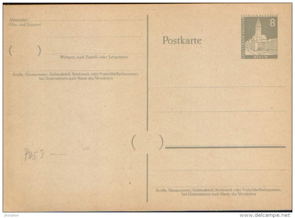 Germany/Berlin-Postal Stationery Postcard,unused 1956- P35/I,10 Pf  Grau  -  2/scans - Postales - Nuevos