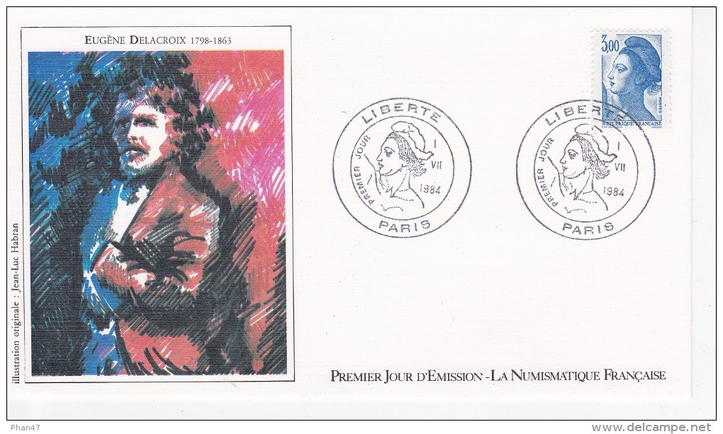 EUGENE DELACROIX, Portrait, Sabine, Dessin De Jean-Luc Habran,  FDC 01/07/1984 - 1980-1989