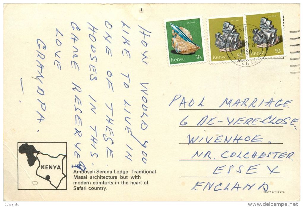 Amboseli Serena Lodge Hotel, Kenya Postcard Used Posted To UK 1990 Nice Stamp - Kenya