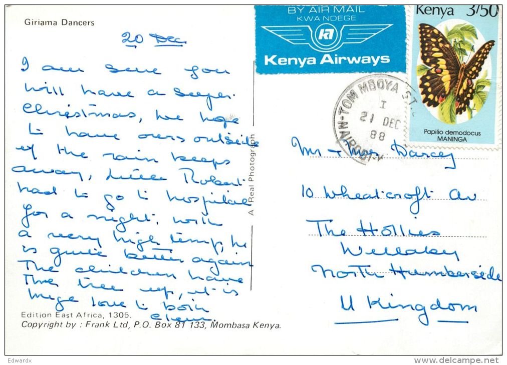 Giriama Dancers, Kenya Postcard Used Posted To UK 1988 Nice Stamp - Kenya