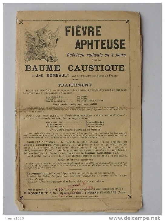 BAUME GOMBAULT: Dépliant Publicitaire 1910-1920 Guérison FIEVRE APHTEUSE  - Vétérinaire Haras De France - Advertising