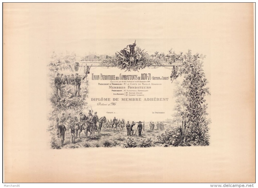 Union Patriotique Des Combattants De 1870-1871 Section Cholet Diplome De Membre Président D Honneur Le Comte De Maillé - Diplomas Y Calificaciones Escolares