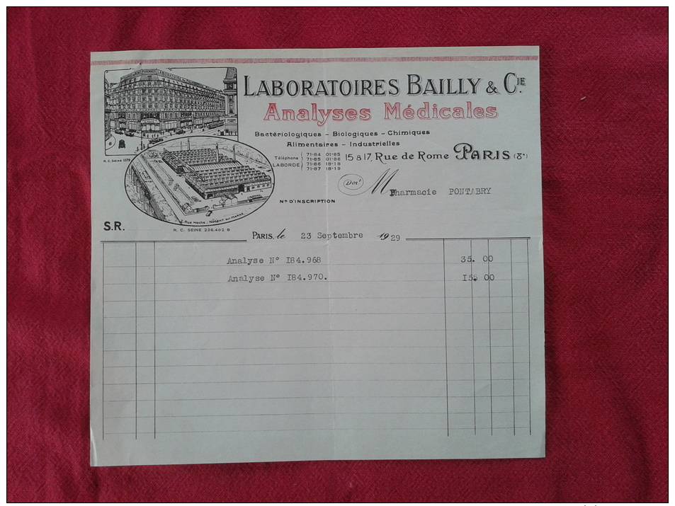 LABORATOIRES BAILLY & CIE À PARIS (75008). FACTURE DATÉE 1929. - Autres & Non Classés