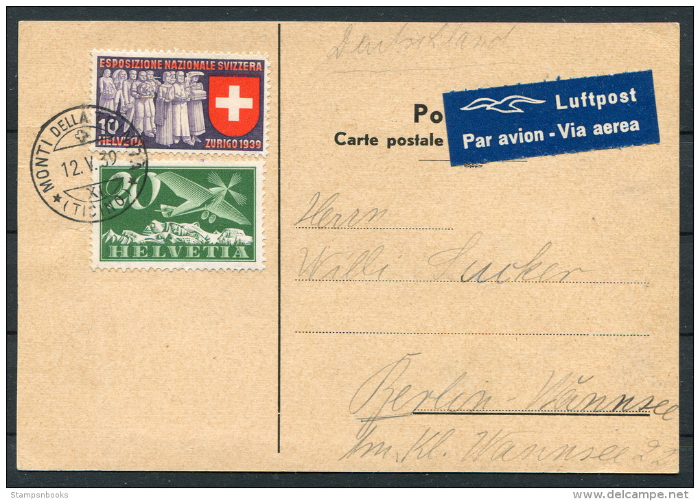 1939 Switzerland Monti Della Airmail Luftpost Postkarte - Berlin Germany - Other & Unclassified