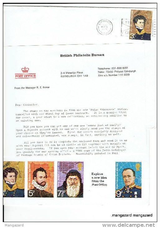 BRITISH Polar EXPLORERS GB1972 FDC 3P Edinburgh Canx + Promotional Letter From POST OFFICE + Promotional Print Explorer - Explorers