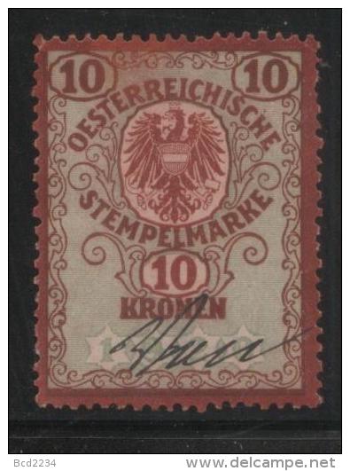 AUSTRIA REPUBLICAN EAGLE 1920 REVENUE 10 KRONER DARK RED ON GREEN NORMAL PAPER USED BAREFOOT #520 - Fiscaux