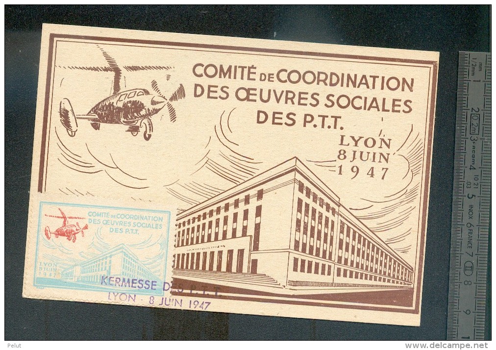 Vignette Sur Carte Lyon 1947  Comité Des Oeuvres Sociales Des PTT Illustration Engin Volant Tirage 10 000 - Covers & Documents