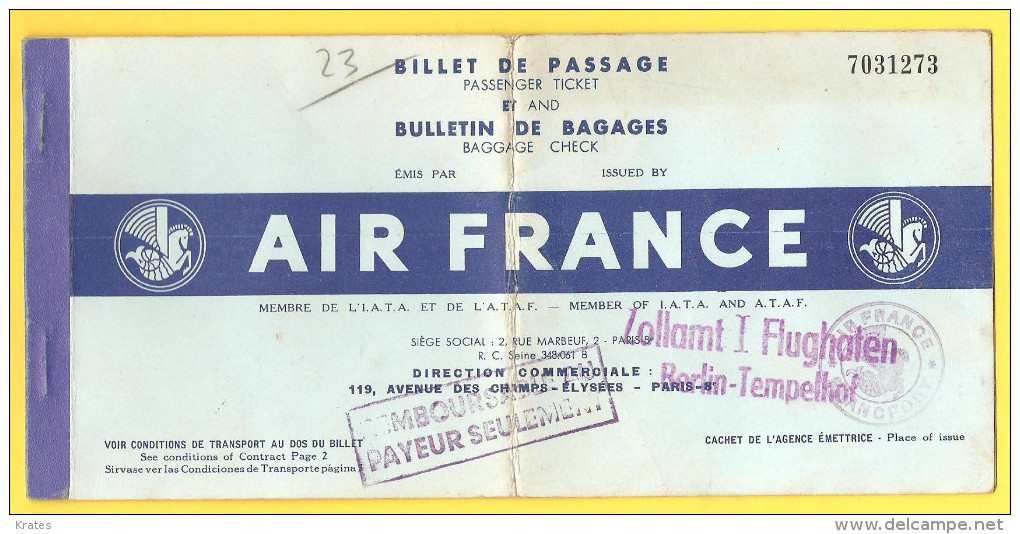 Old Travel Ticket - Air France - Andere & Zonder Classificatie